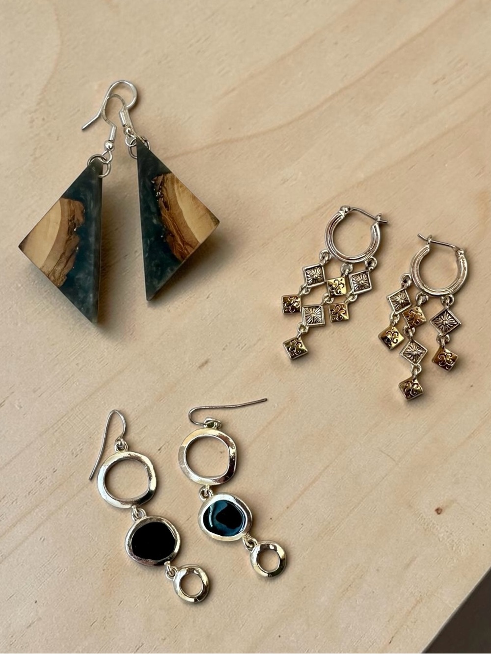 Set of 3 Pairs Dangle Earrings in Silver-tone with Wood, Black and Gold Accents